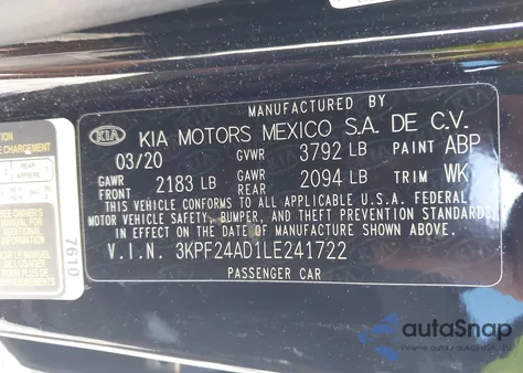 2020 Kia Forte Lxs z USA, uszkodzony, nr VIN 3KPF24AD1LE241722